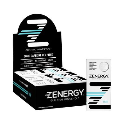 ZENERGY Energy Gum - Mint Flavor 50mg Caffeine 35% B6 and 45% B12 Vitamin Vegan, 0 Sugar, 0 Calories, 0 Gluten, 0 Aspartame, Non-GMO, Instant Action 12 Pack 96 Count