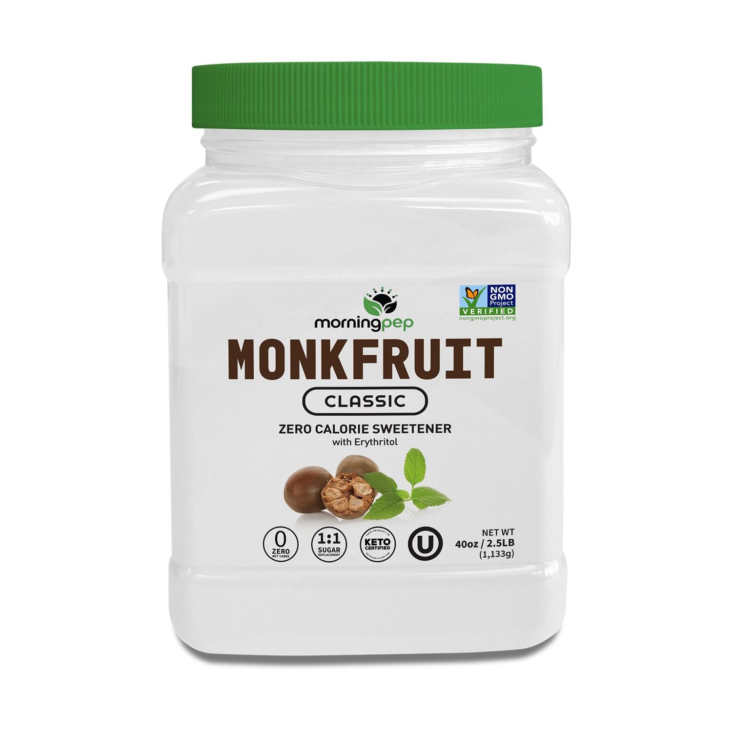 Morning Pep Monk Fruit Sweetener, Classic White Sugar Substitute, Keto Diet Friendly, 1:1 Sugar Replacement, For Baking, Coffee, Tea, Zero Calorie Non Gmo Project Verified, OU Kosher, White - 2.5 lb