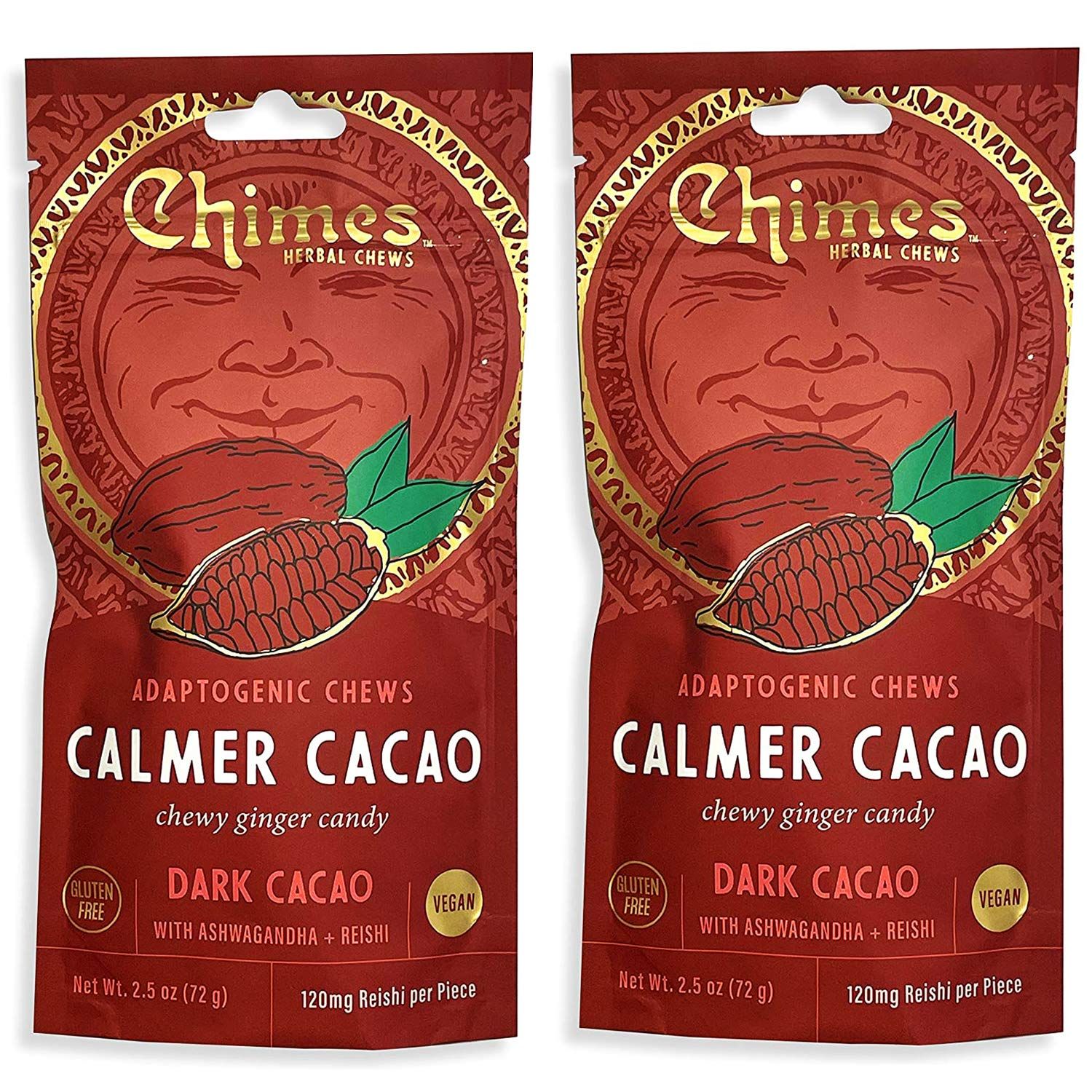 Chimes Calmer Cacao Adaptogen Ginger Chews Candy - (2 Pack With Ashwagandha, Reishi and Dark Cacao with Theobromine) Vegan, Gluten Free