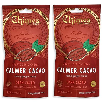 Chimes Calmer Cacao Adaptogen Ginger Chews Candy - (2 Pack With Ashwagandha, Reishi and Dark Cacao with Theobromine) Vegan, Gluten Free