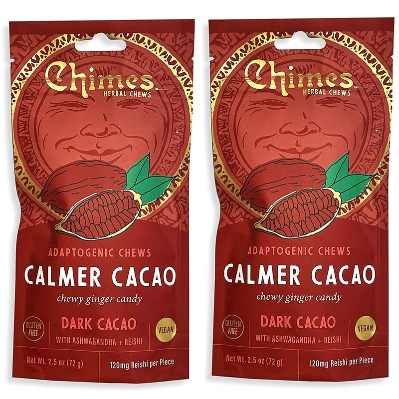 Chimes Calmer Cacao Adaptogen Ginger Chews Candy - (2 Pack With Ashwagandha, Reishi and Dark Cacao with Theobromine) Vegan, Gluten Free