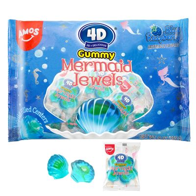 Amos 4D Mermaid Gummy Candy, Blue Raspberry, 9oz Mini Wrapped Packs, Soft Jelly-Filled Seashell Treats