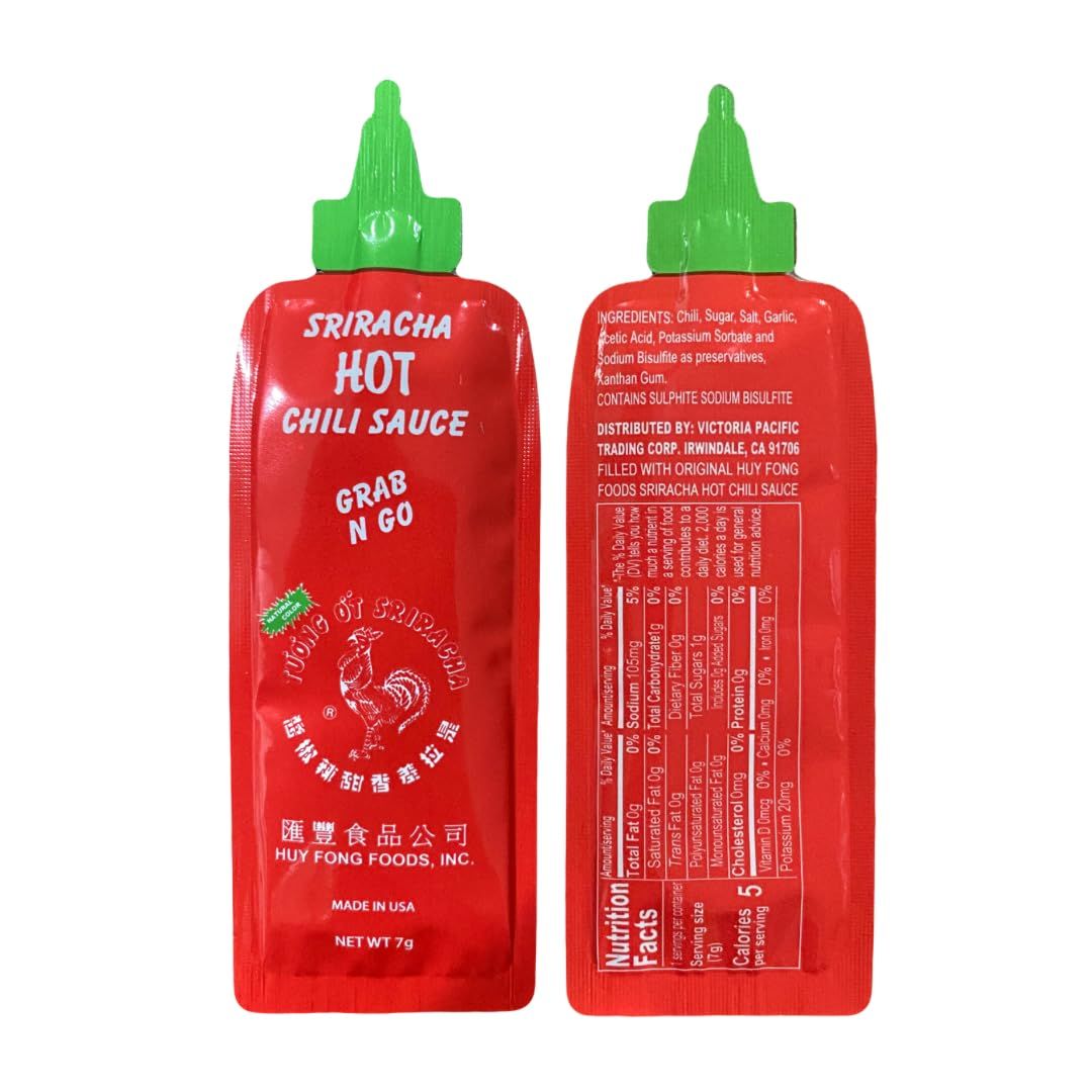 Generic Grab N Go Huy Fong Sriracha Packets Pack of 25 or 50 Filled With Original Sriracha Hot Chili Sauce Individual Portion Single Serve Packet Variety Packs Bundles (25 Pack)