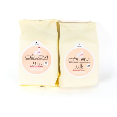 Celavi Makeup Remover Cleansing Wipes Removing Towelettes 2 Packs - 60 Sheets (Milk)