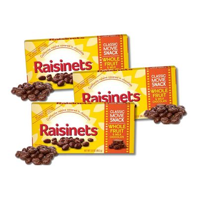 Milk Chocolate Raisinets - Classic Chocolate Covered Raisin Candies - Gift Pack of 3, 3.1 oz. Movie Theater Boxes By Lyza&#39;s Sweets &amp; Treats