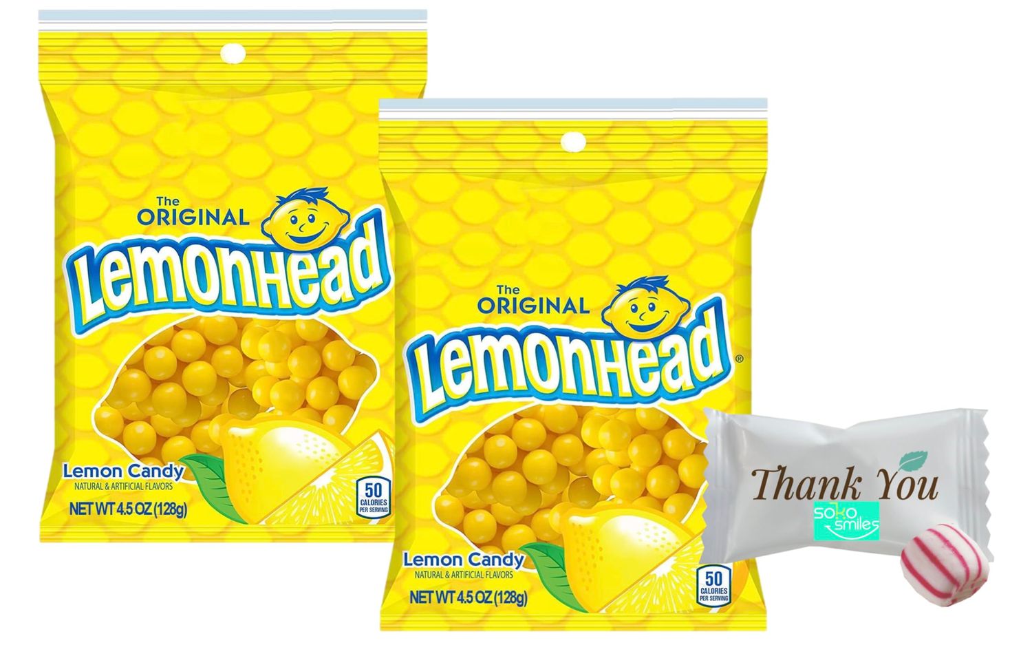 Original Lemon head Candy, 4.5 Ounce Bag (Pack 2) Soko Smiles Thank You Mint Included.