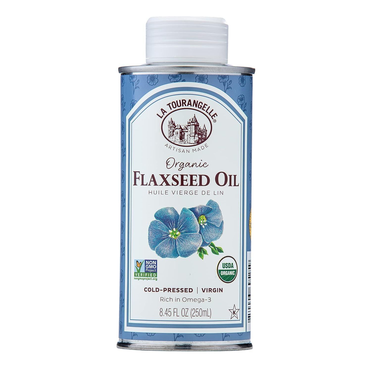 La Tourangelle, Organic Flaxseed Oil, Essential Omega-3 to Improve Heart Health, Vegan, Non-GMO, Gluten-Free, Kosher, Cast Iron Seasoning, 8.45 fl oz