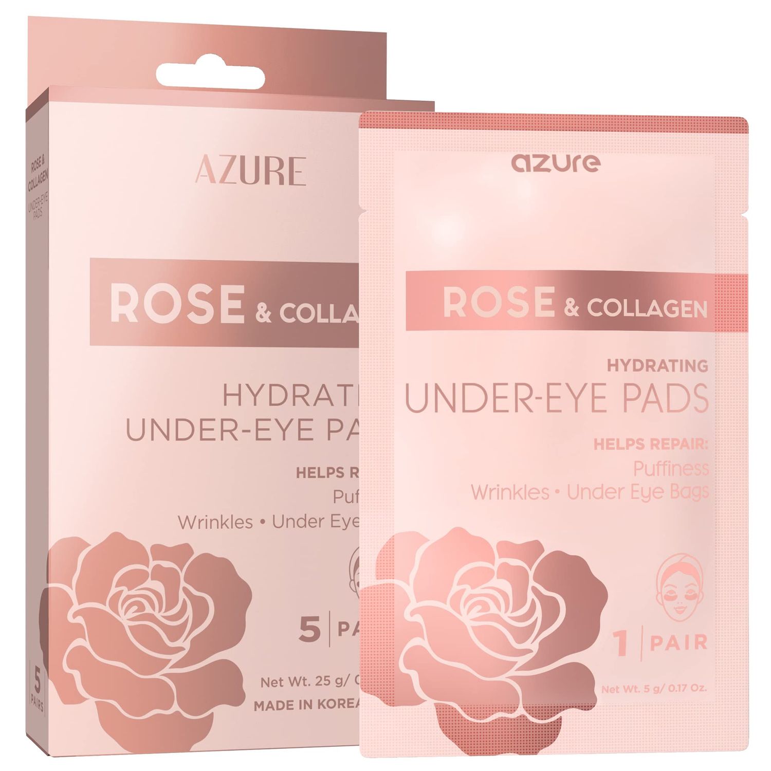Azure Cosmetics Rose &amp; Collagen Hydrating Under Eye Pads - Anti Aging, Revitalizing &amp; Moisturizing Eye Mask Patches - Reduces Fine Lines, Wrinkles, Dark Circles &amp; Puffiness - Made in Korea - 5 Pairs