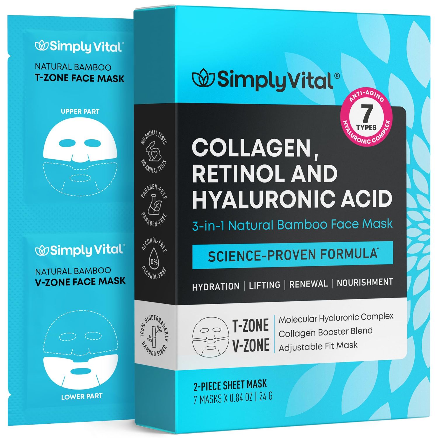 SimplyVital Collagen Face Mask with Retinol &amp; Hyaluronic Acid - Bamboo Sheet Mask for Lifting, Hydration &amp; Elasticity - Anti-Aging Face Mask Skin Care - Mascarillas Faciales - 7 Pack