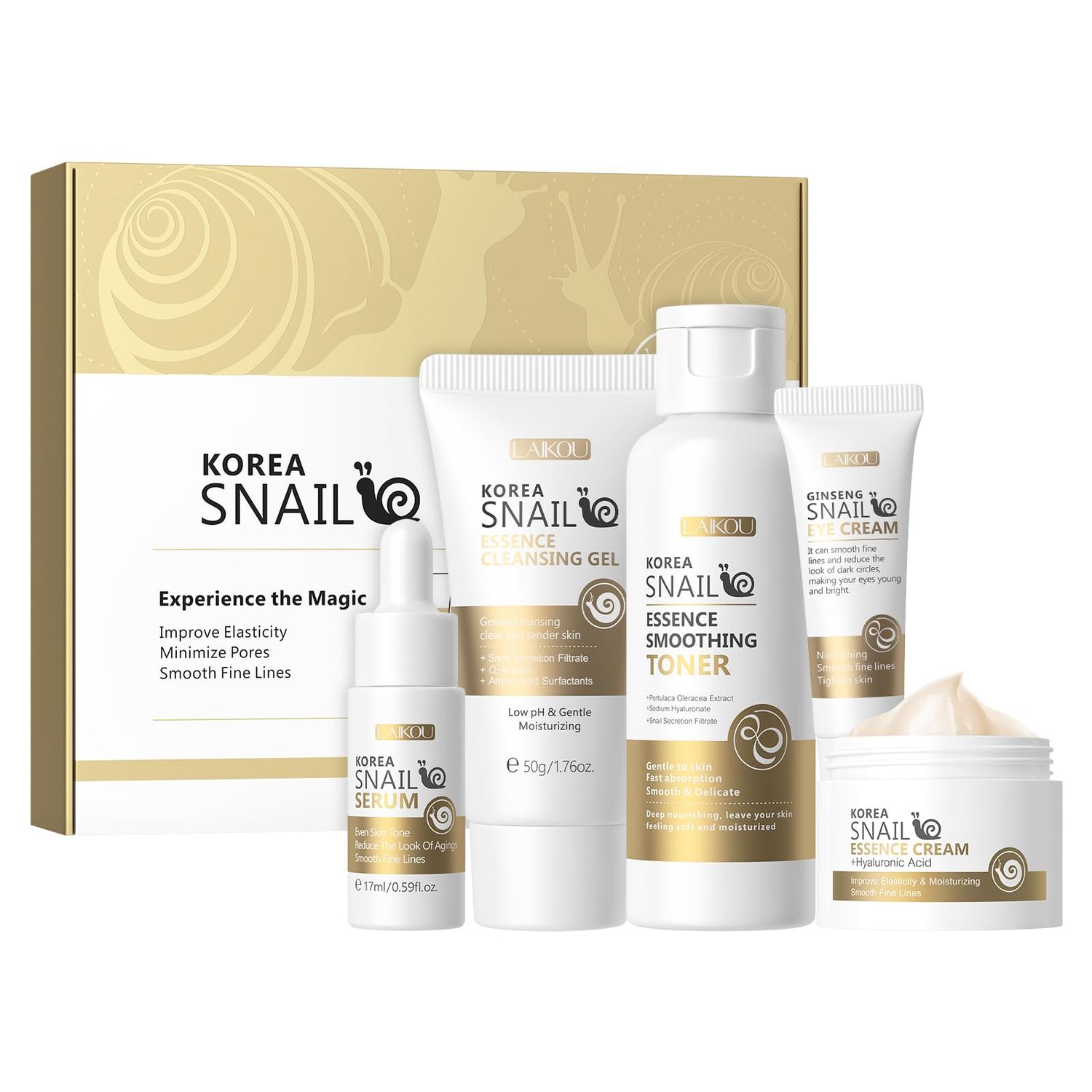 LAIKOU Korean Skin Care, Skin care set, Skin Care Kit Snail and Ginseng with Cleansing Gel, Toner, Eye Cream, Serum, Essence Cream 5pcs for Women Teen Girls Mom Daughter Mother&#39;s Day Birthday