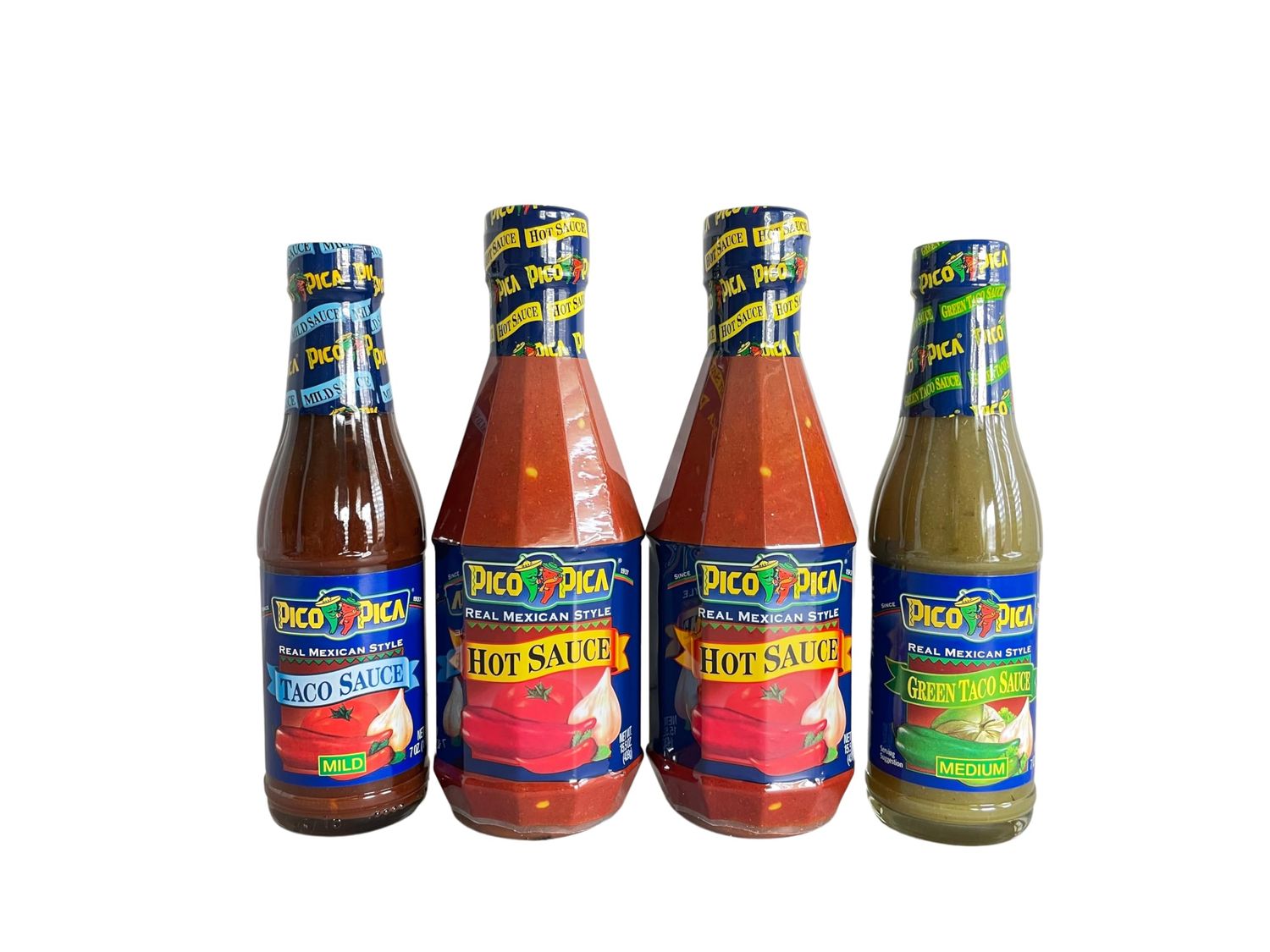 The Stocked Pantry Pico Pica Hot Sauce Lovers Variety Pack, (Pack of 4) Includes (2) Pico Pica Hot Sauce, 15.5oz, (1) Pico Pica Taco Sauce, 7oz, (1) Pico Pica Green Taco Sauce, 7oz