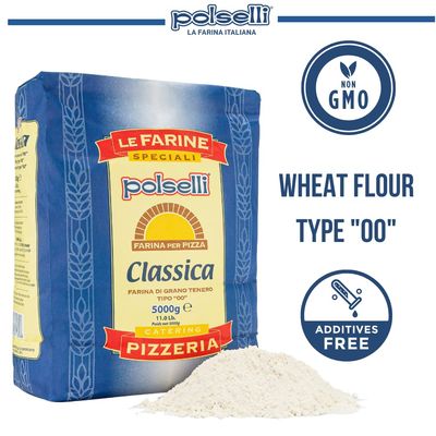 POLSELLI Classica, Tipo "00" Double Zero Flour Extra Fine, 11 lbs (5 kg), Neapolitan Italian Pizza, Bread, Pasta, and more, All Natural, Unbleached, Unbromated, No Additives