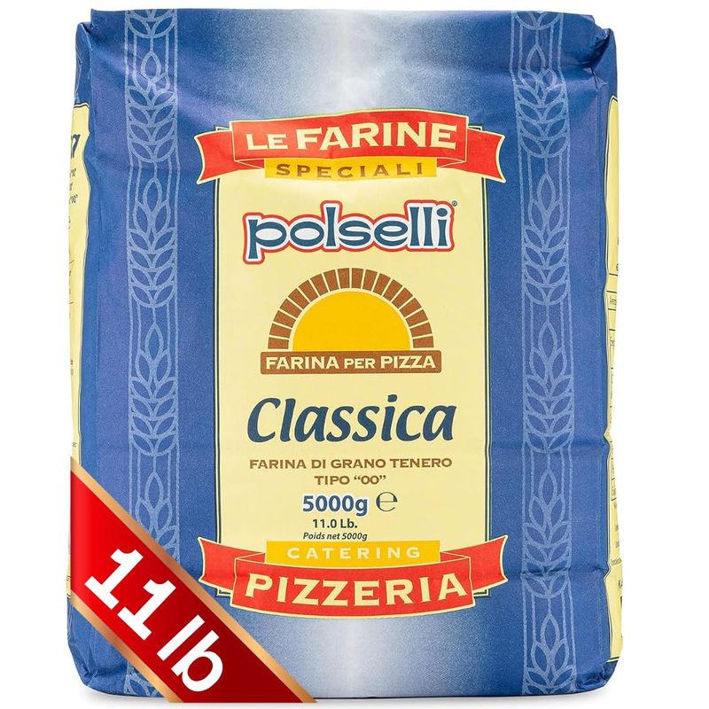 POLSELLI Classica, Tipo &quot;00&quot; Double Zero Flour Extra Fine, 11 lbs (5 kg), Neapolitan Italian Pizza, Bread, Pasta, and more, All Natural, Unbleached, Unbromated, No Additives