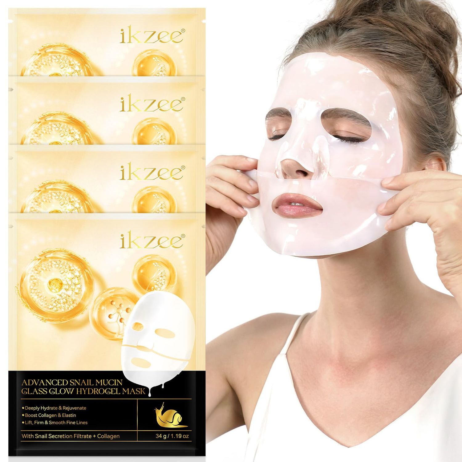 Snail Mucin Sheet Mask - Snail Mucin Glass Glow Hydrogel Face Masks with Snail Mucin Serum, Hydrating Facial Mask Anti Wrinkle, Deep Moisturizing Collagen Face Mask, Natural Korean Skin Care (4ea)