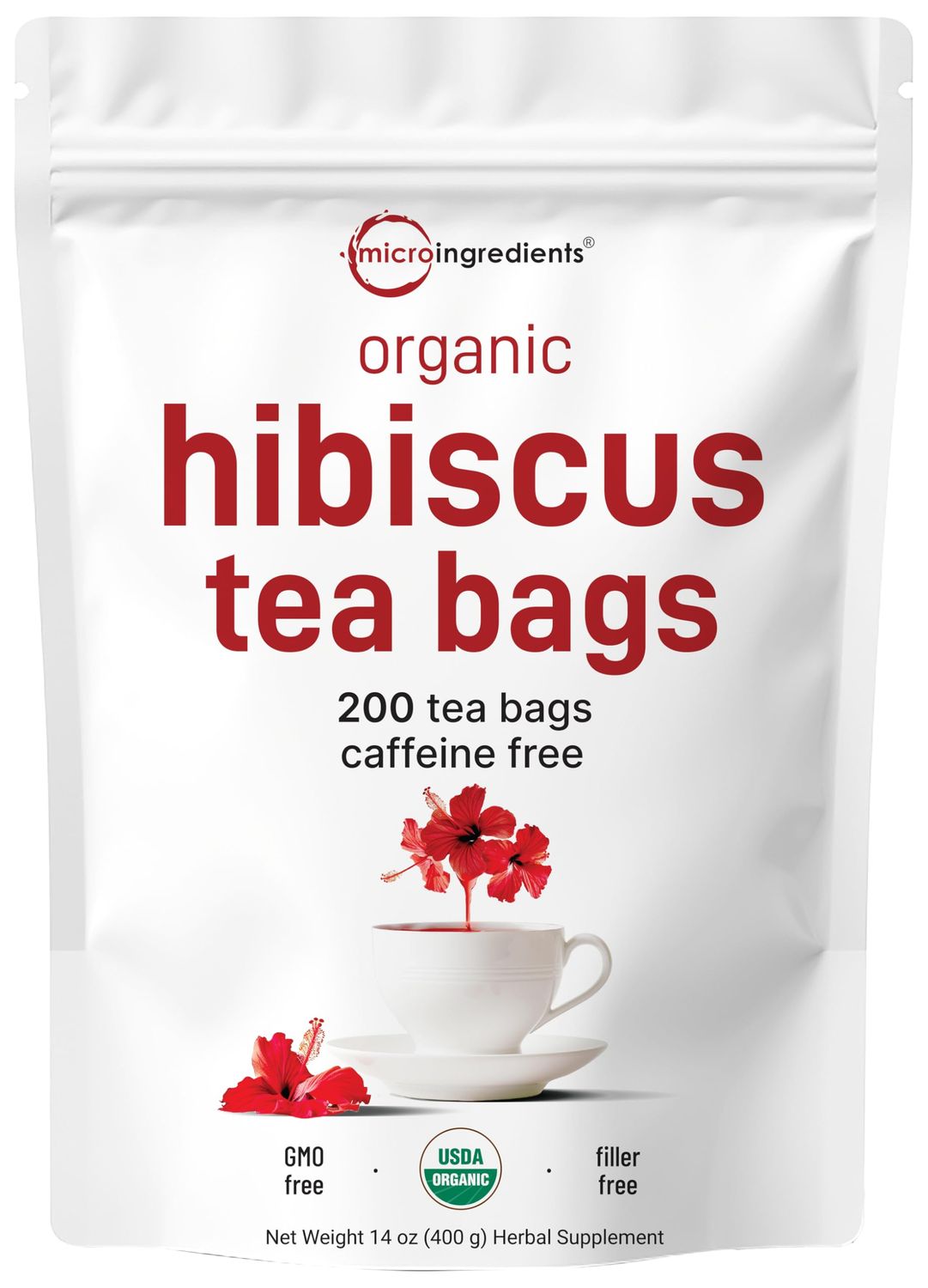 Organic Hibiscus Tea Bags, 200 Count Premium Source from Hibiscus Flowers Caffeine Free Herbal Tea Eco-Friendly Hemp Paper Tea Bags Non-GMO, No Sugar