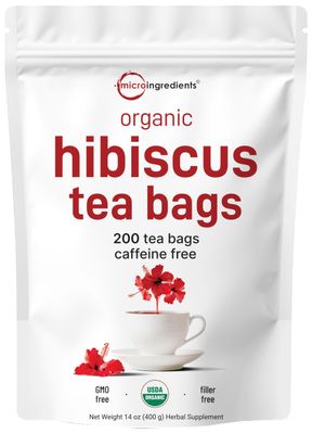 Organic Hibiscus Tea Bags, 200 Count Premium Source from Hibiscus Flowers Caffeine Free Herbal Tea Eco-Friendly Hemp Paper Tea Bags Non-GMO, No Sugar