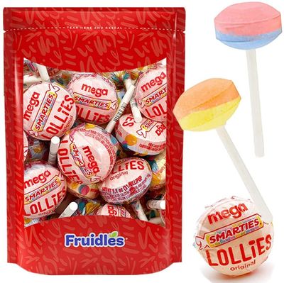 Fruidles Mega Double Smarties Lollipops Jumbo Hard Candy Suckers, Original Smarties, Assorted Flavors, Individually Wrapped (6-Pack)