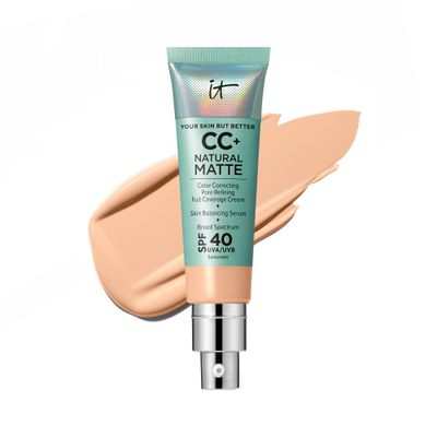 IT Cosmetics CC Cream Natural Matte Foundation with SPF 40 - Shine-Reducing &amp; Long-Wear Full Coverage Foundation For Oily Skin - With Hyaluronic Acid - Non-Comedogenic, Light Medium - 1.08 fl oz