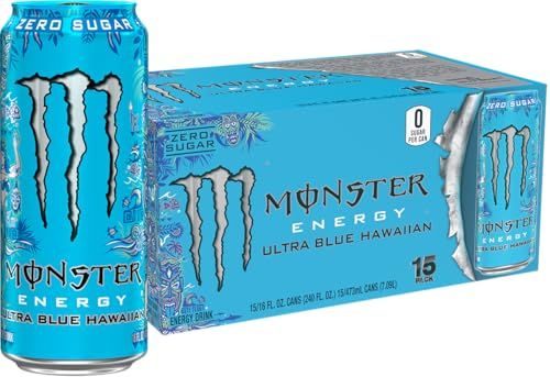 Monster Energy Ultra Blue Hawaiian, Sugar Free Energy Drink, 16 Ounce (Pack of 15)