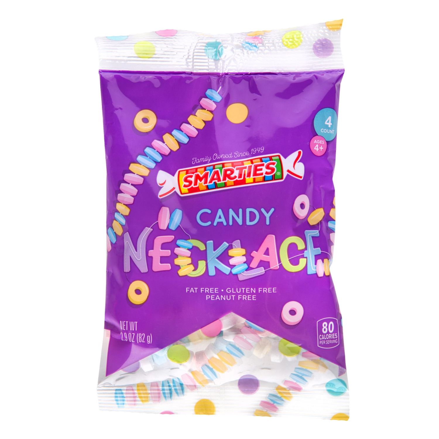 Smarties Candy Necklace Individually Wrapped Gluten Free Vegan Fruit Flavored Hard Candy Bulk on Stretch String Perfect Party Favors Birthdays &amp; Halloween Celebrations 4 Necklaces Per Bag 2.9 Ounce