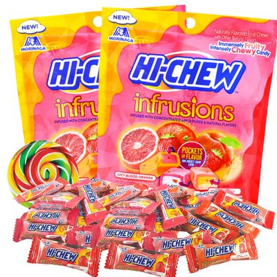 Sweetzo - Infrusions Orchard Mix Juicy Fruit Chews, Individually Wrapped Strawberry, Blood Orange, and Peach Flavored Candies, Authentic Japanese Candy, Pack of 2, 4.24 Ounces