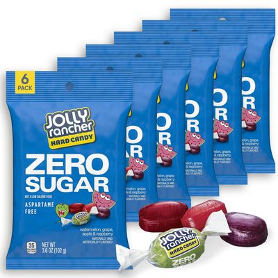 Jolly Ranchr Zero Sugar Assorted Candy, 3.6oz 6 Pack - Individually Wrapped Candy - Tropical Flavors Watermelon, Grape, Raspberry and Apple