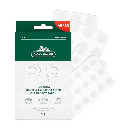 VT COSMETICS Pro CICA Centella Spot Patch, Hydrocolloid Invisible Thin Clear Spot Cover for Blemish &amp; Sensitive Skin, Calming Care, Waterproof, 2 Sizes, Korean Skincare (66 Count)