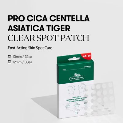 VT COSMETICS Pro CICA Centella Spot Patch, Hydrocolloid Invisible Thin Clear Spot Cover for Blemish &amp; Sensitive Skin, Calming Care, Waterproof, 2 Sizes, Korean Skincare (66 Count)
