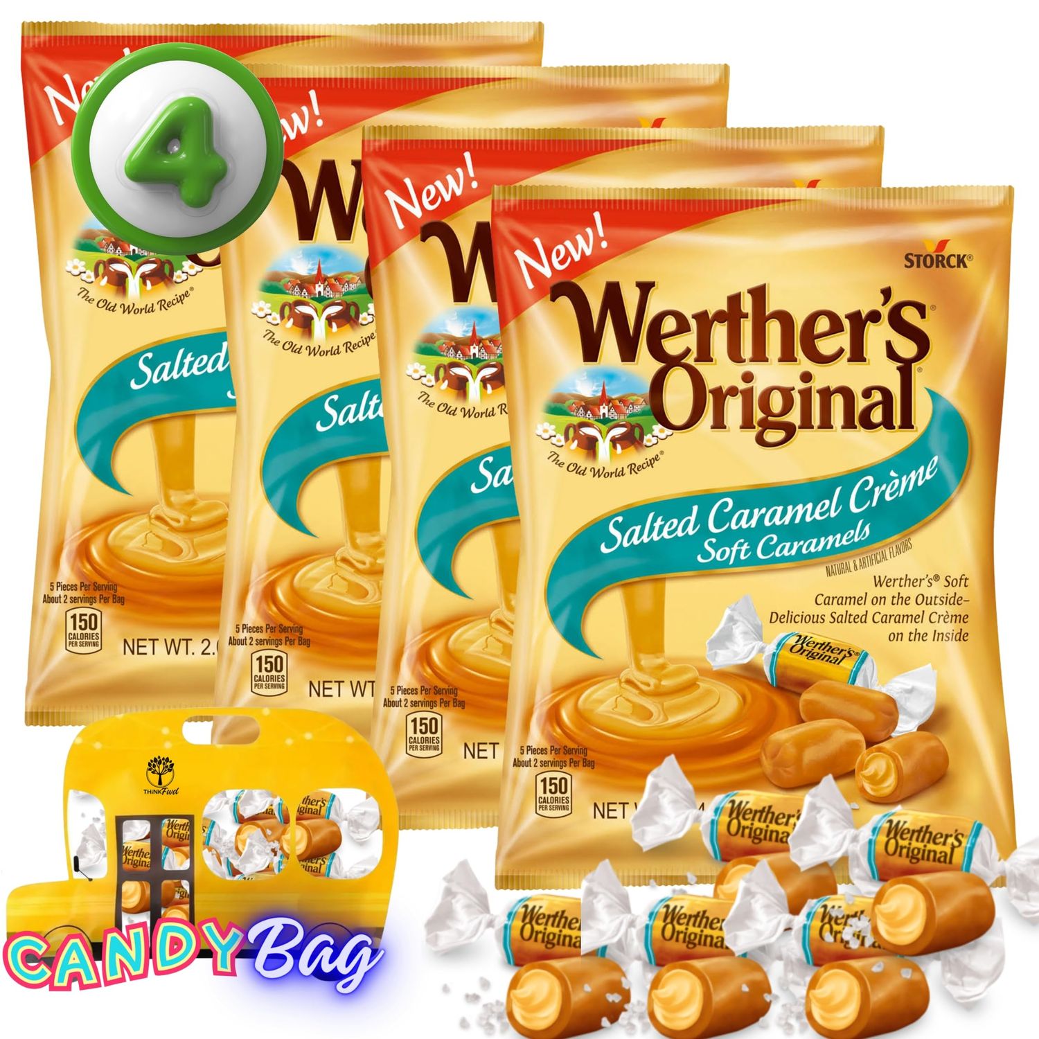 (PACK 4) Werther Salted Caramel Crme Soft Candies - Limited Edition - Comes With Resealable ZipBag by Think FWD (Salted Creme)