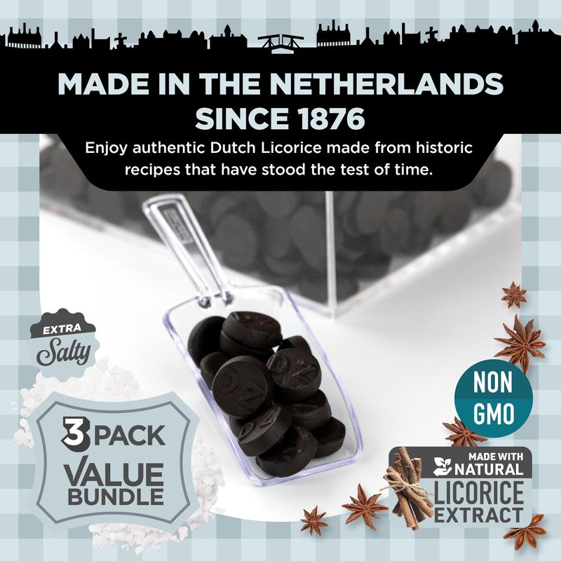 Gustaf's Dutch Licorice Double Salt Coins - 3 Pack of 5.2oz Bags - Salted Black Licorice Coins - Dutch Candy from Netherlands - Salty Black Liquorice Treats