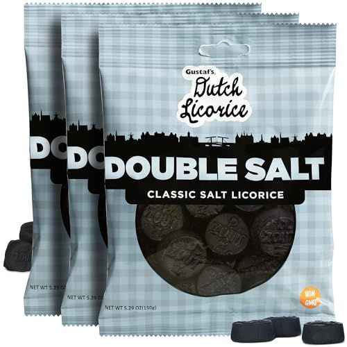 Gustaf&#39;s Dutch Licorice Double Salt Coins - 3 Pack of 5.2oz Bags - Salted Black Licorice Coins - Dutch Candy from Netherlands - Salty Black Liquorice Treats