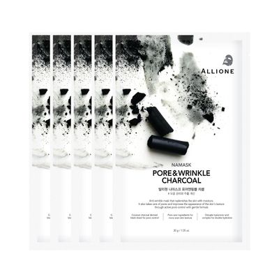 Allione Namask Pore&amp;Wrinkle Charcoal Skin Elasticity Face Mask Sheets Set Of 5 pcs Korean Hydrating Face Mask, Anti-Wrinkle and Pore Control Sheet Mask for All Skin Types