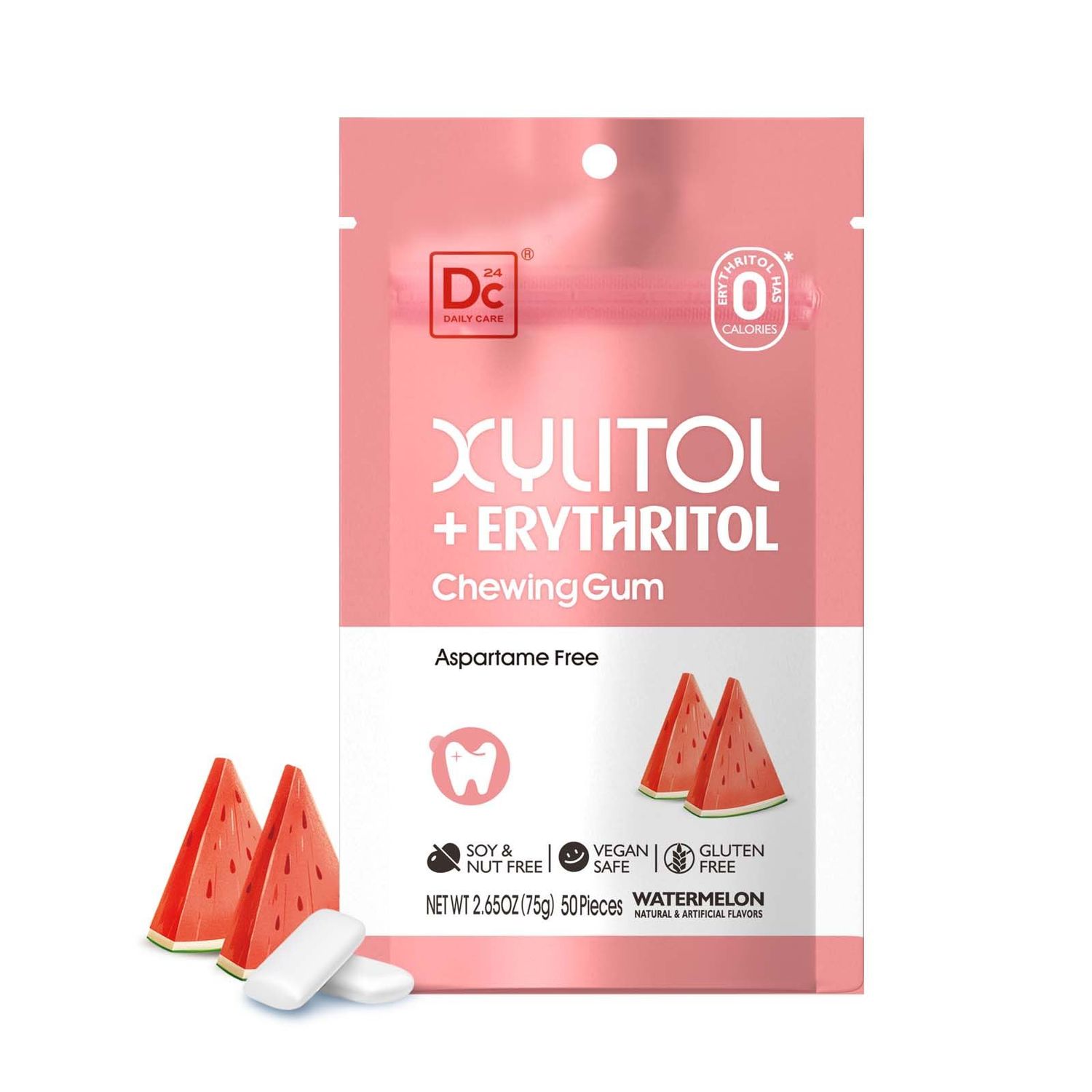DC24 DAILY CARE Gum, Aspartame Free &amp; Sugar Free Gum, Xylitol Chewing Gum with Erythritol, Low-Calorie, Sugarless, Watermelon Flavored Gum, 50 Pieces (Pack of 1)