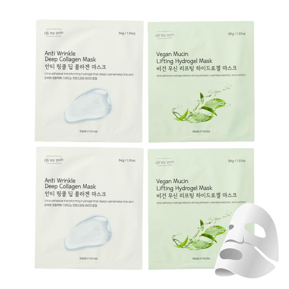 OHMYPURE Hydrogel Collagen Face Mask K-Beauty Luxury Bundle (AntiWrinkle 2ea, Vegan Mucin 2ea) (Sampler 4)