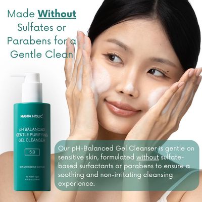 MANIA HOLIC pH Balanced Hydrating Facial Gel Cleanser for Dry and Sensitive Skin, pH Balance 5.0, Purifying Pore Care, Oil Control, Korean Skincare, 6.76 fl oz
