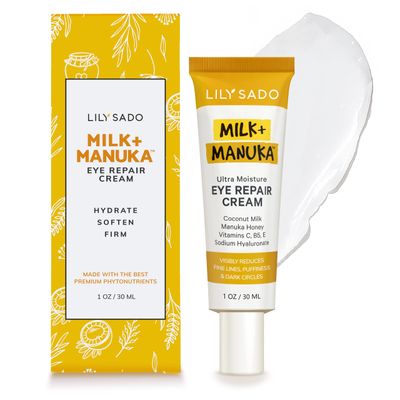 LILY SADO MILKMANUKA Eye Repair Cream - Anti-Aging Natural Gentle Formula w/Coconut Milk, Manuka Honey, Sodium Hyaluronate &amp; VITS C, B5 &amp; E - Prevents Puffiness, Under-eye Wrinkles &amp; Eye Bags - 1oz