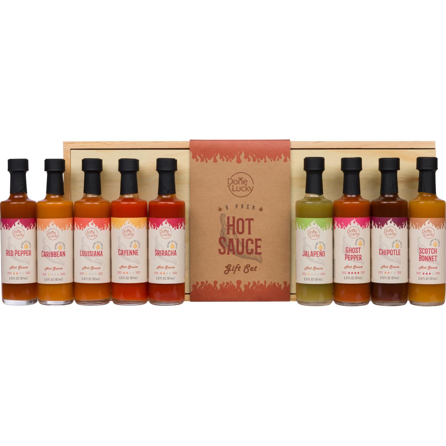 Hot Sauce Gift Set (9 Pack) - Hot Sauce Variety Pack in Premium Wooden Box - Great Gift for Birthday, Christmas, Father&#39;s Day for Men, Him, Her, Dad, Mom - Unique Hot Sauce Gift Set (Set of 9)