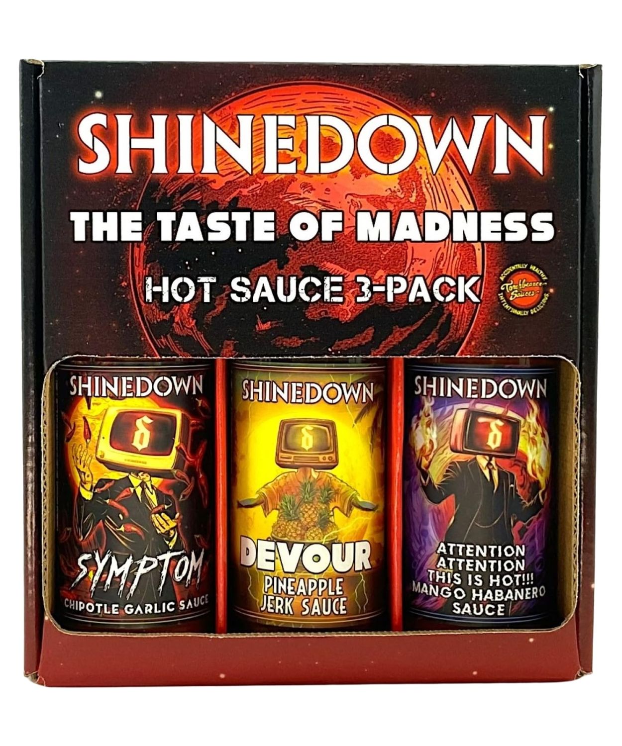 Torchbearer Sauces Shinedown&#39;s Taste of Madness Hot Sauce Variety 3 Pack Gift Set, 5oz - Symptom Chipotle Garlic, Devour Pineapple Jerk Sauce, Attention, Attention Mango Habanero