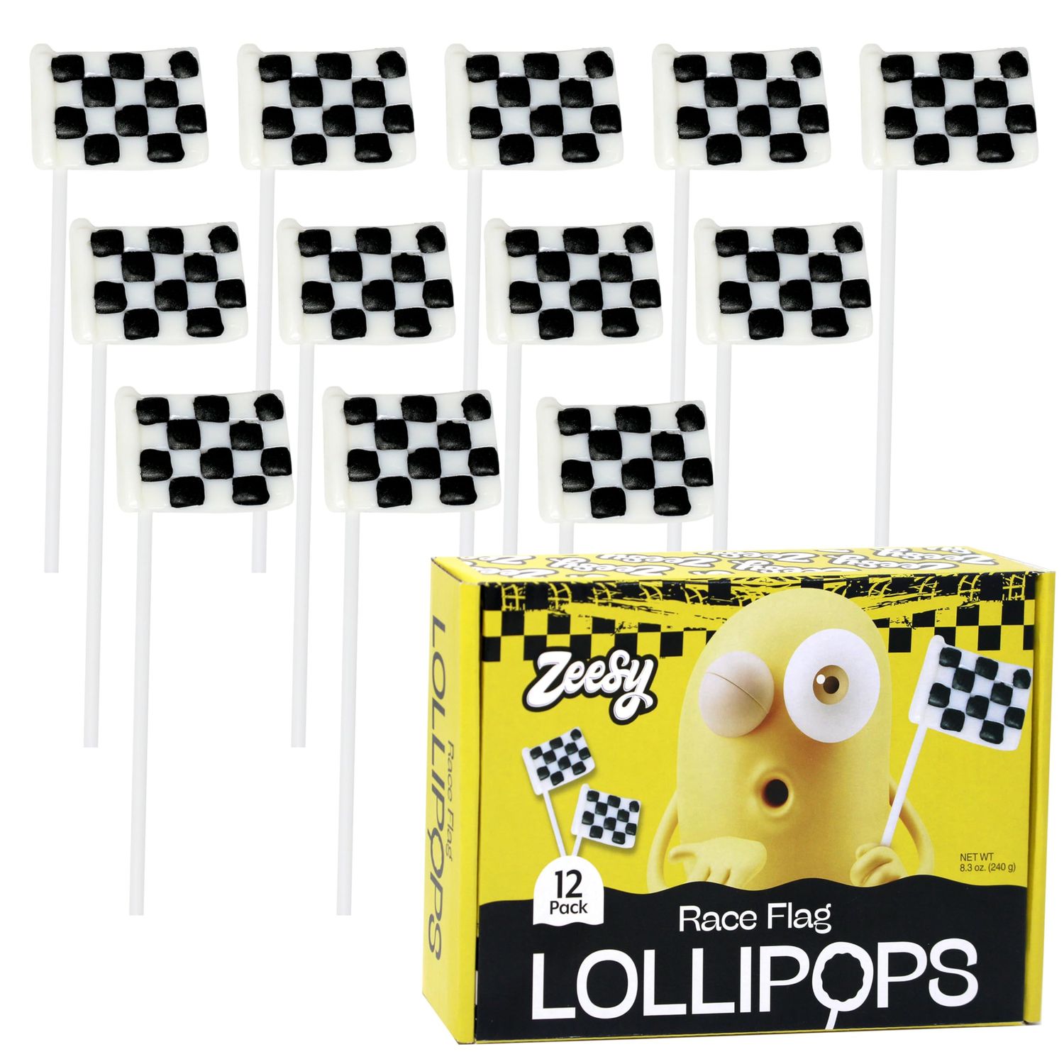 Black and White Checkered Flag Lollipops - 12 Pack - Individually Wrapped Suckers for Race Car Party Favors &amp; Birthday Supplies
