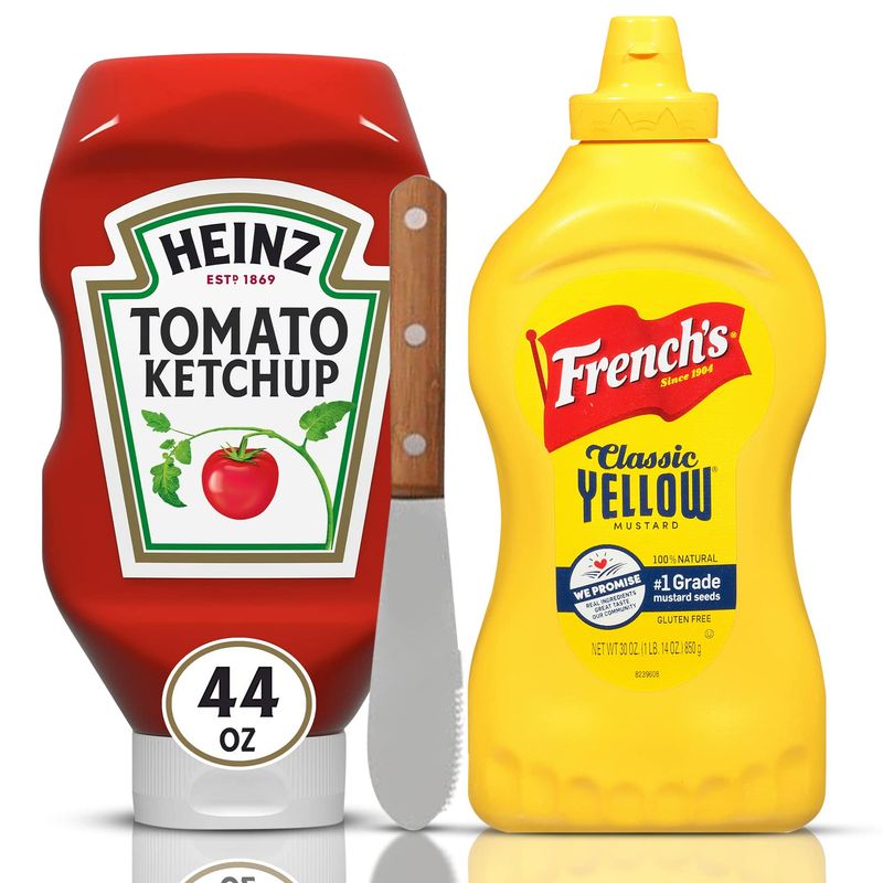 Heinz Tomato Ketchup 44 OZ and French&#39;s Yellow Mustard 30 OZ set, With Tulipani Spreader - Gluten Free