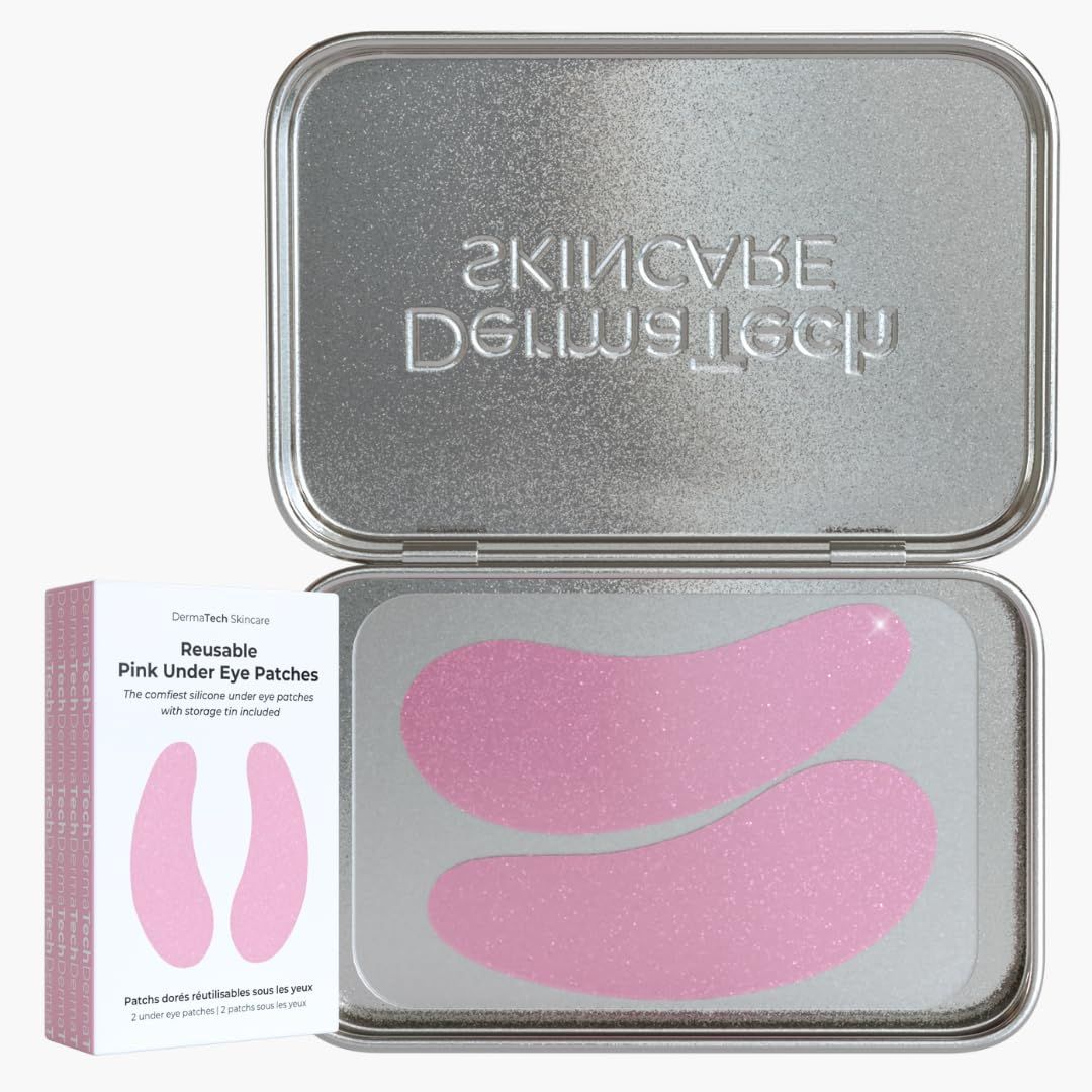 DermaTech Skincare Pink Reusable Under Eye Patches Eco-Friendly Wrinkle Patches with Tin Case 100% Silicone Reusable Facial Patches For Puffy Eyes, Dark Circles, Reducing Wrinkles (Pink)