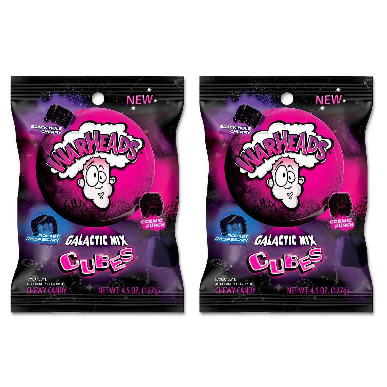 WARHEADS Galactic Mix Cubes - Sour Sweet &amp; Fruity Chewy Candy - Black Hole Cherry, Rocket Raspberry &amp; Cosmic Punch Flavors - 4.5 oz. Bags - 2 Pack