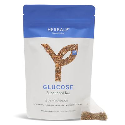 Herbaly Glucose Functional Tea - Vitality &amp; Wellness - Gymnema Sylvestre, Ceylon Cinnamon, Bitter Melon, Dandelion Root, Fenugreek - Daily Teas - Organic Plant-Based Tea Bag Pyramids - 30 ct