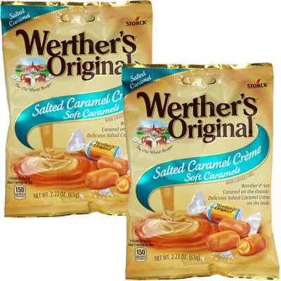 Werthers Soft Caramel, Original Salted Caramel Cream 2.22 Ounce Bags (Pack of 2) - Individually Wrapped Werther Chewy Caramels - The Hampton Popcorn &amp; Candy Company