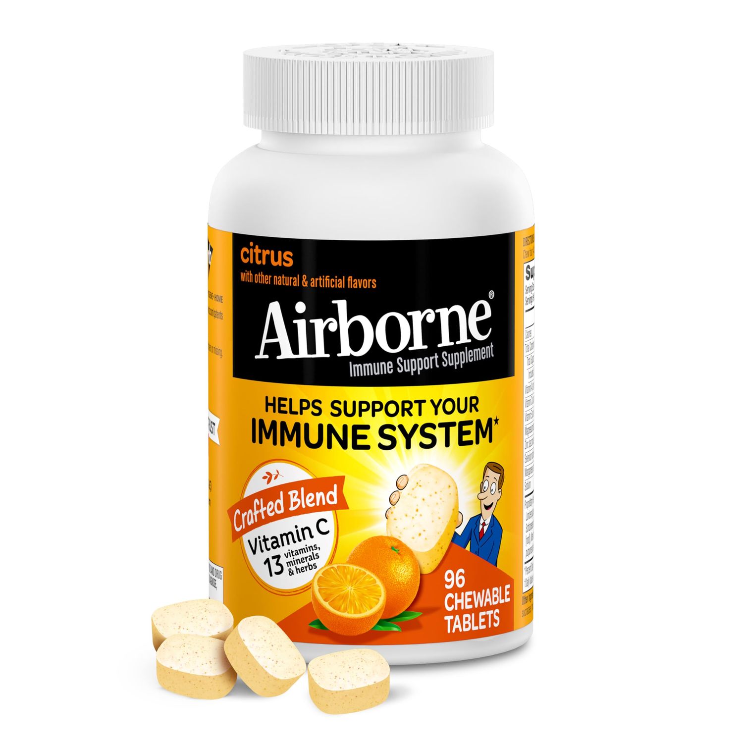 Airborne 1000mg Vitamin C Chewable Tablets with Zinc, Immune Support Supplement with Powerful Antioxidants Vitamins A C &amp; E - 96 Chewable Tablets, Citrus Flavor