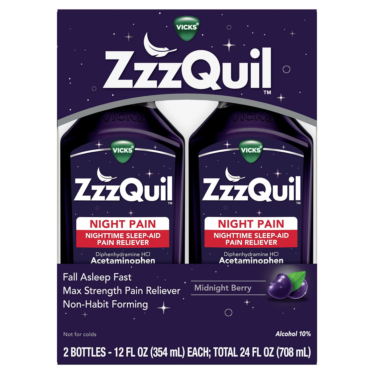 ZzzQuil Liquid, Max Strength Pain Reliever, Nighttime Sleep Aid Liquid, Acetaminophen 1000mg, Diphenhydramine 50mg HCI, Non-Habit Forming, Midnight Berry Flavored, 2 Pack, 24 FL OZ