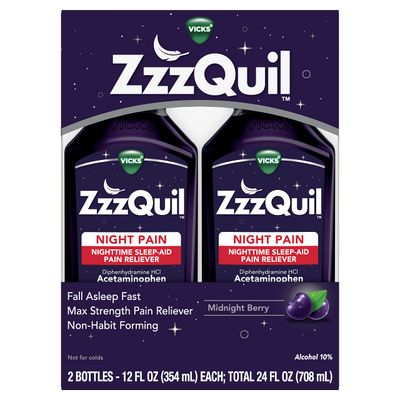 ZzzQuil Liquid, Max Strength Pain Reliever, Nighttime Sleep Aid Liquid, Acetaminophen 1000mg, Diphenhydramine 50mg HCI, Non-Habit Forming, Midnight Berry Flavored, 2 Pack, 24 FL OZ