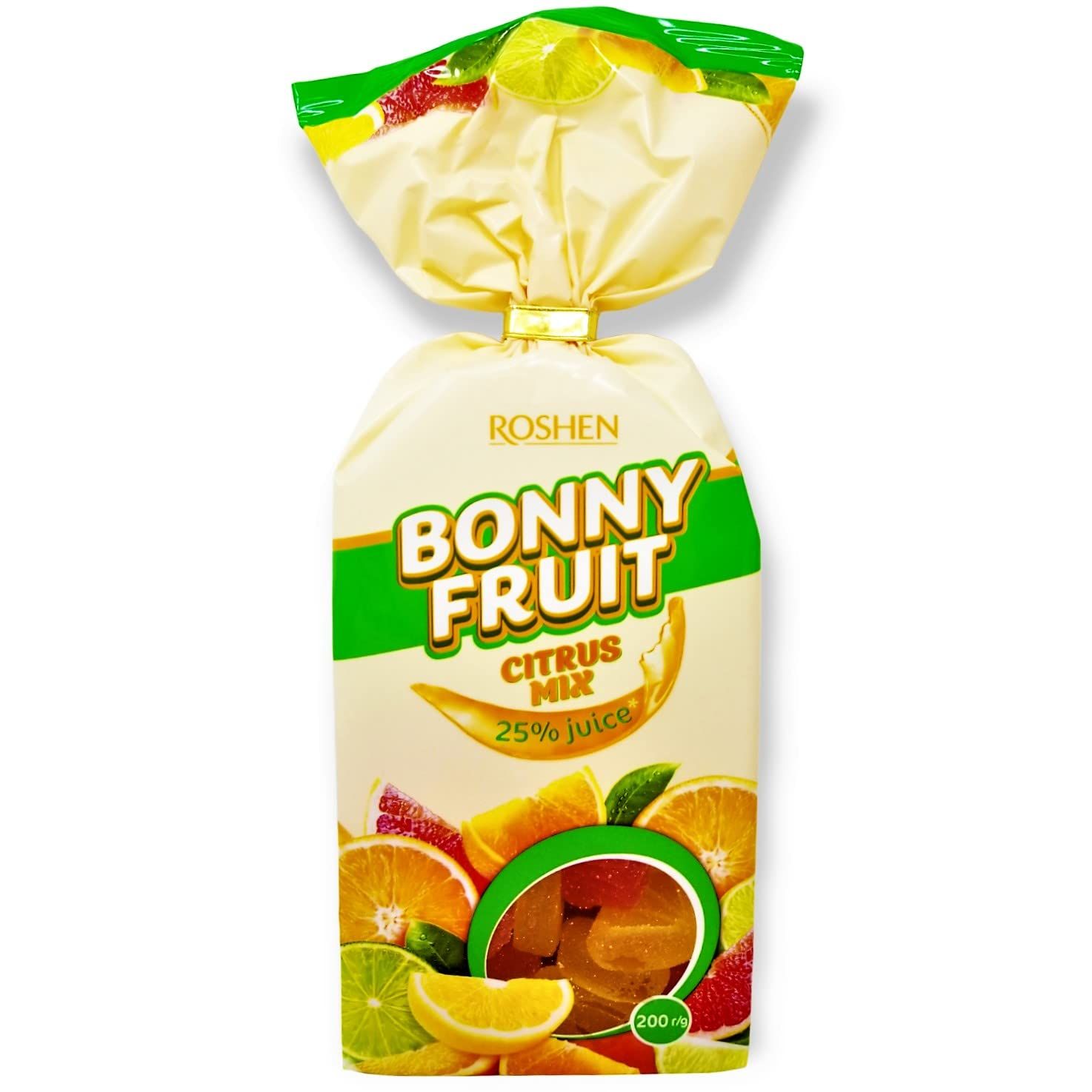Roshen Bonny-Fruit Jelly Candy, Citrus Mix, Orange, Grapefruit &amp; Lemon-Lime Shapes, 7.05 oz (200g), 25% Juice, Approx. 28 Jellies, Kosher, Halal Soft Fruit Gems