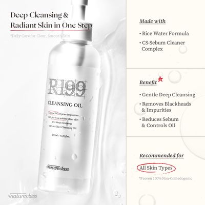 NATURECLASS R199 Rice Cleansing Oil- Fast Emulsification, Pore-Cleansing, Blackhead Removal without Clogging Pores, Makeup Dissolving, and Hydrating Formula, Korean Skincare 6.76 Fl Oz