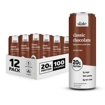 Slate Milk - High Protein Milk Shake - Classic Chocolate - Lactose Free, 20g Protein, 1g Sugar, 100 Calories, 2g Net Carbs, No Added Sugar - Natural, Breakfast Boost, Post Workout - 11 fl oz, 12 Cans